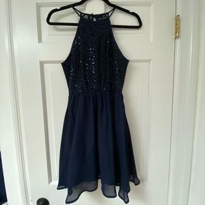 As U Wish Sequin Navy Blue Halter Dress